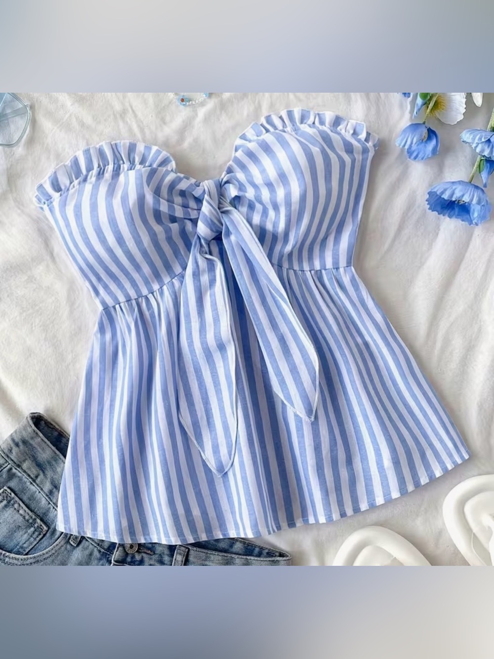 Blue Stripe Tie-Front Peplum Top for Kids